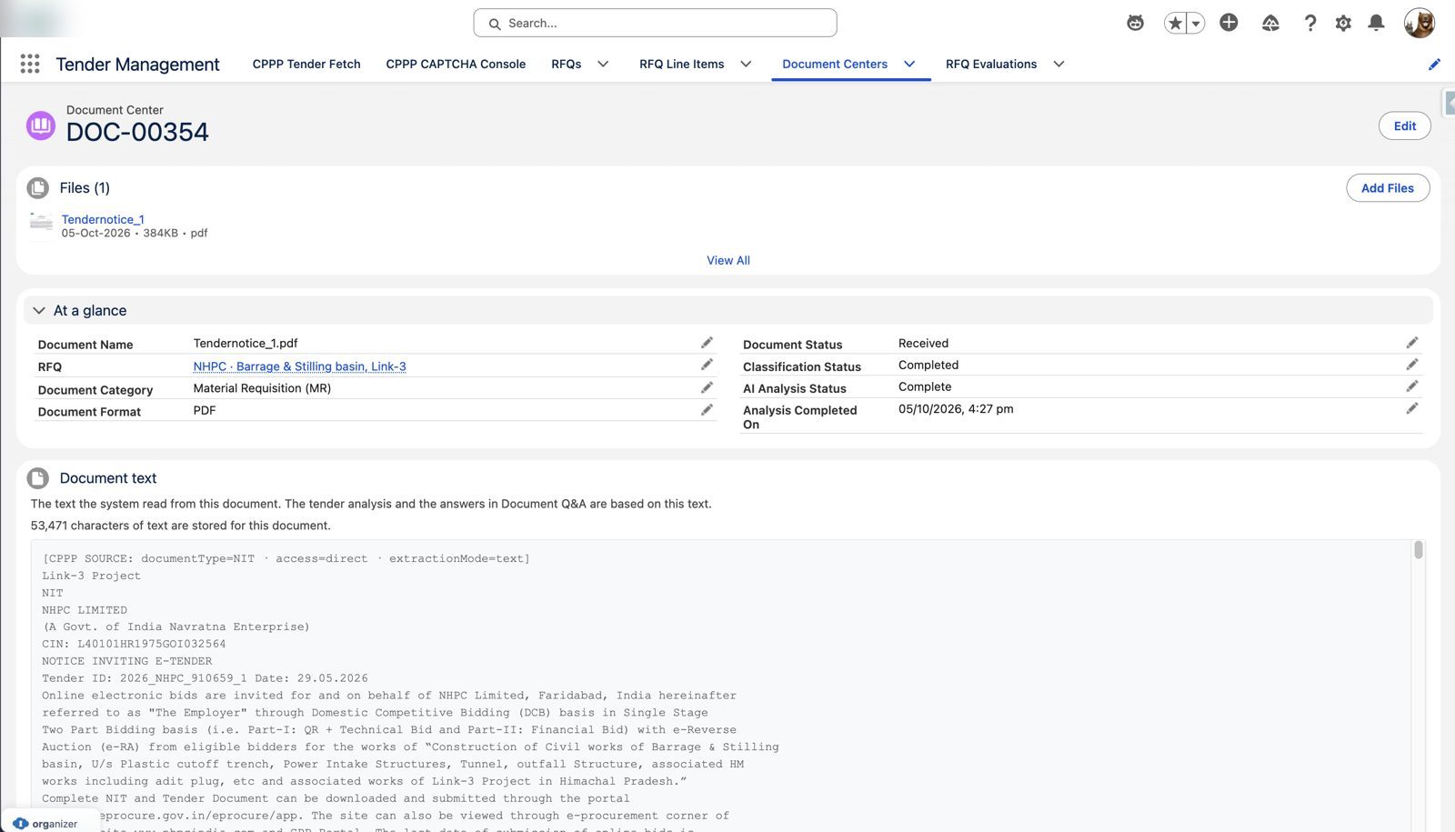 The source document, side by side – Agentforce government tender management in Salesforce